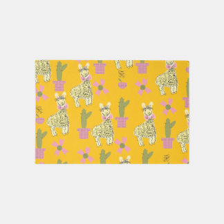 Llama Animal Doodle Yellow Kids Teen Outdoor Rug