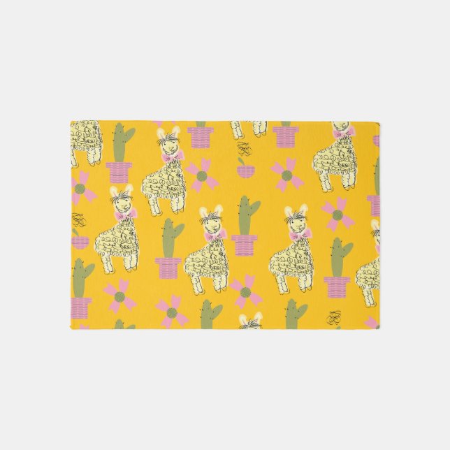 Llama Animal Doodle Yellow Kids Teen Outdoor Rug (Front)