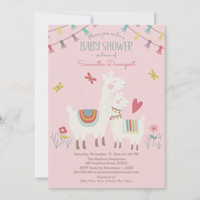 Llama Baby and Mama Shower Invitation Pink (Front)