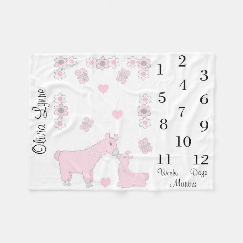 Llama Baby Girl Pink Gray Milestone Month Monthly Fleece Blanket