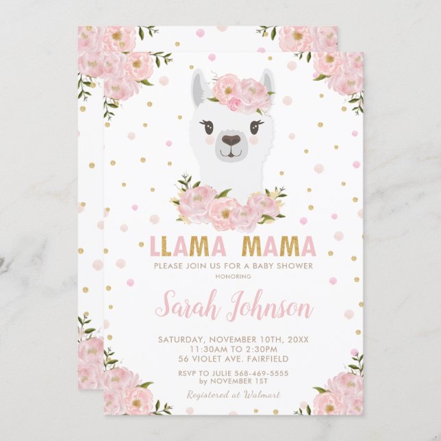Llama Baby Shower Blush Floral Invitation (Front/Back)