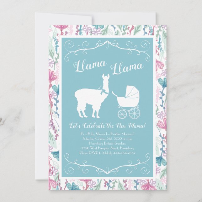 Llama Baby Shower Cute Blue Boy Invitation (Front)