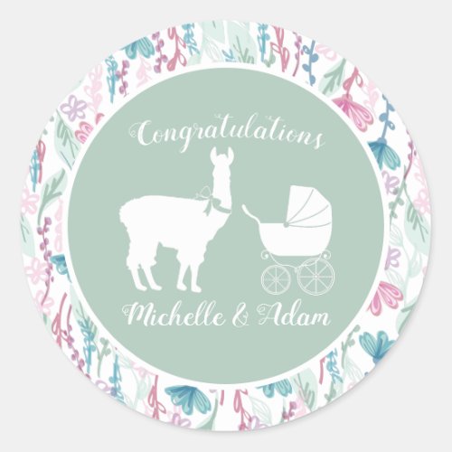 Llama Baby Shower Cute Green Gender Neutral Classic Round Sticker