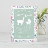 Llama Baby Shower Cute Green Gender Neutral Invitation (Standing Front)