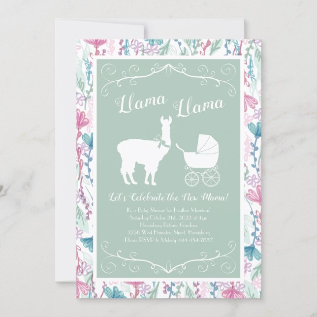 Llama Baby Shower Cute Green Gender Neutral Invitation (Front)