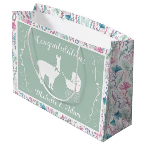 Llama Baby Shower Cute Green Gender Neutral Large Gift Bag