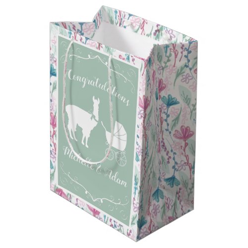 Llama Baby Shower Cute Green Gender Neutral Medium Gift Bag