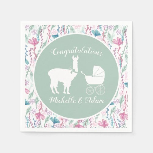 Llama Baby Shower Cute Green Gender Neutral Napkins