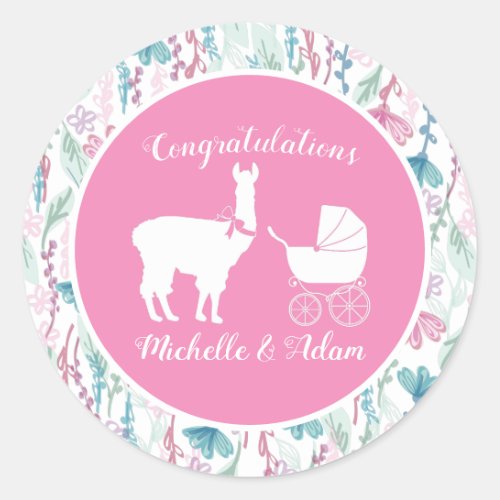 Llama Baby Shower Cute Pink Girl Classic Round Sticker