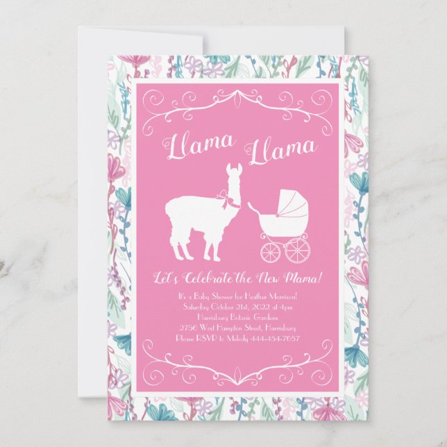 Llama Baby Shower Cute Pink Girl Invitation (Front)
