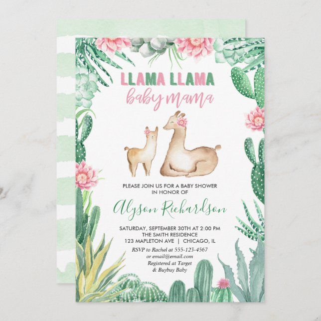 Llama baby shower girl invitation, baby mama invitation (Front/Back)