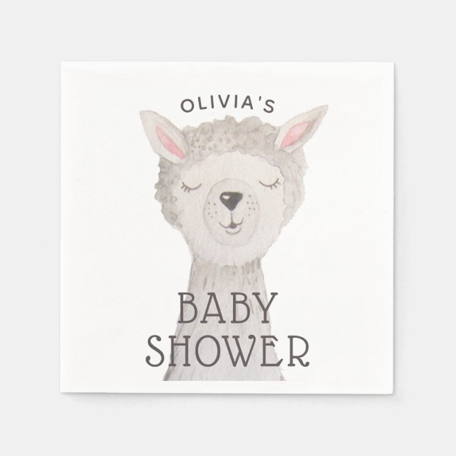 Llama Baby Shower | Neutral Cute Watercolor Alpaca Napkins (Front)