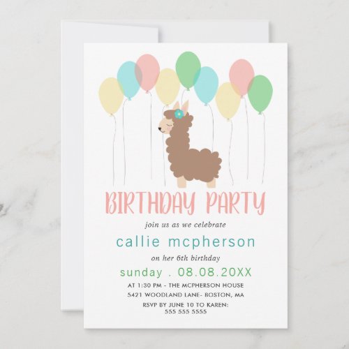 Llama  Balloons Kids Birthday Party Invitation