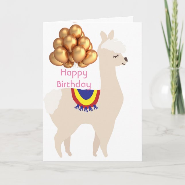 Llama birthday, Birthday Balloons Card (Front)