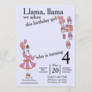 Llama Birthday Girl lavendar and orange Invitation