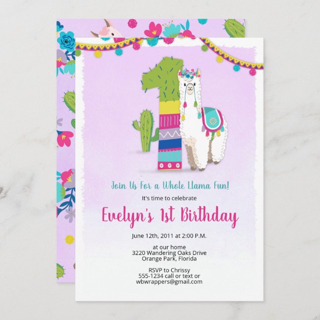 Llama Birthday Invitation - 1st Birthday Invites (Front/Back)