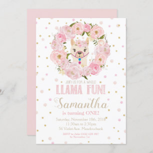 Llama Birthday Invitation Blush Floral Girl