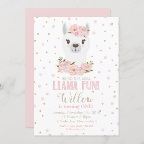 Llama Birthday Invitation Blush Floral Girl