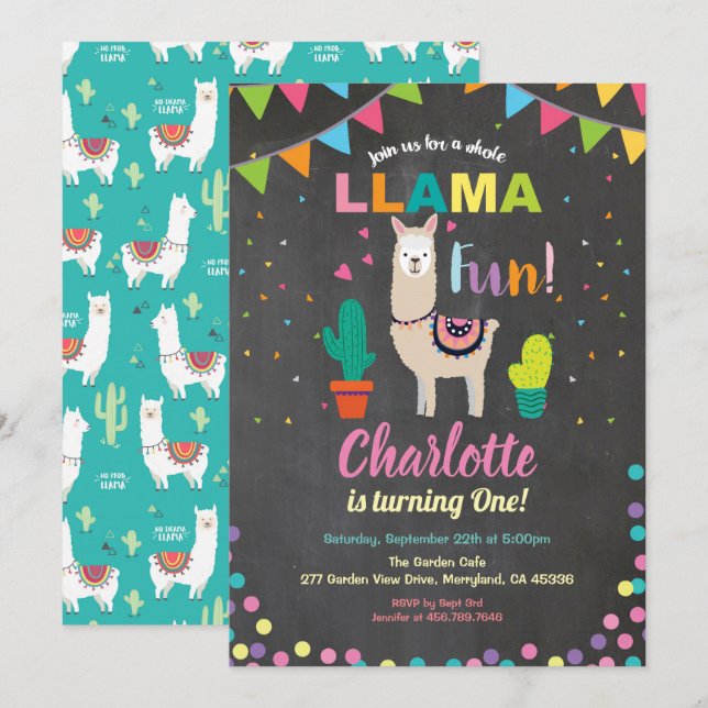 Llama birthday invitation. fun girl first 1st bday invitation (Front/Back)