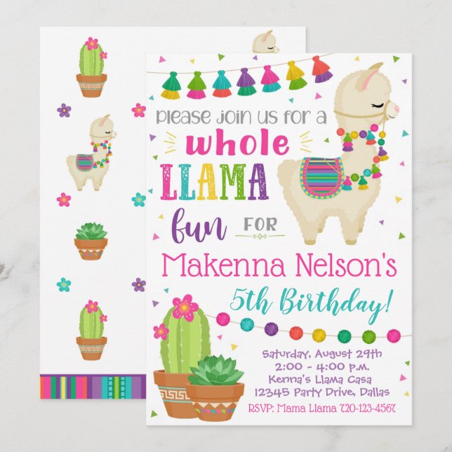 Llama Birthday Invitation Llama Party (Front/Back)