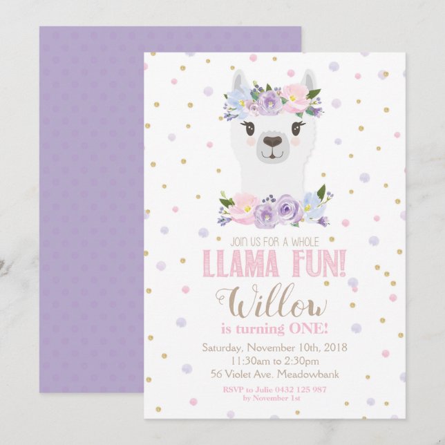 Llama Birthday Invitation Purple Floral Girl (Front/Back)