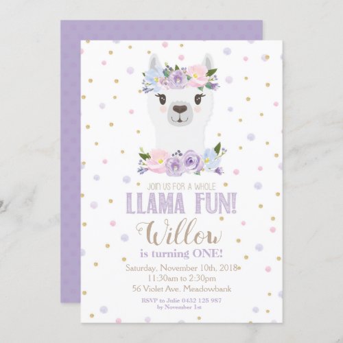 Llama Birthday Invitation Purple Floral Girl
