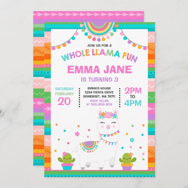 Llama Birthday Invitation Whole Llama Fun Party (Front/Back)