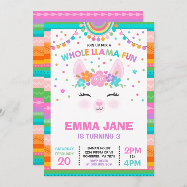 Llama Birthday Invitation Whole Llama Fun Party (Front/Back)