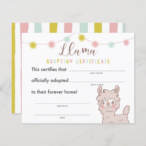 Llama Birthday Party Adoption Certificate