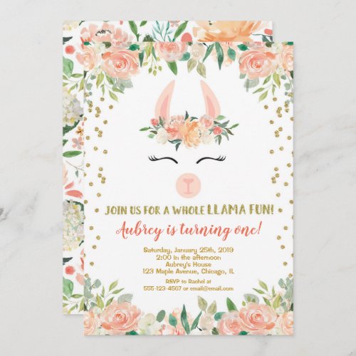 Llama birthday party floral gold glitter girl invitation