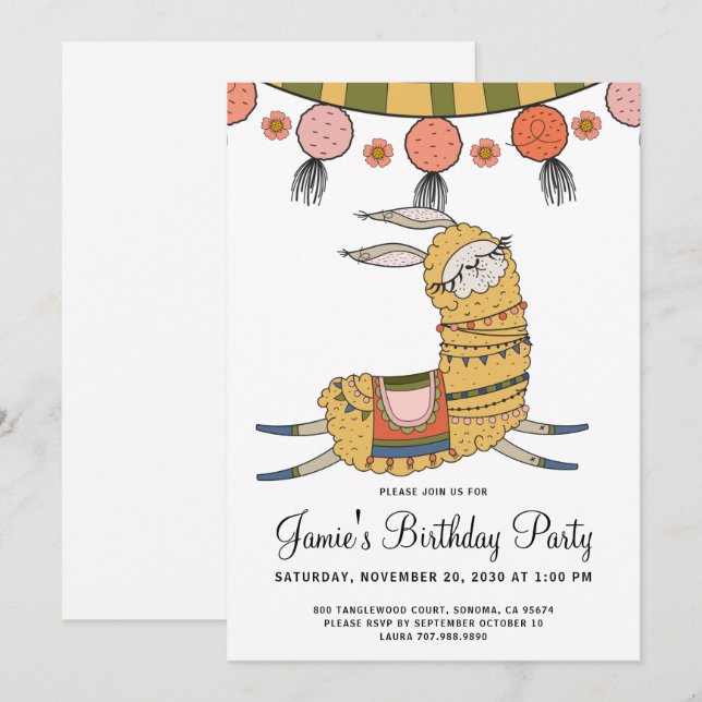Llama Birthday Party Invitation (Front/Back)