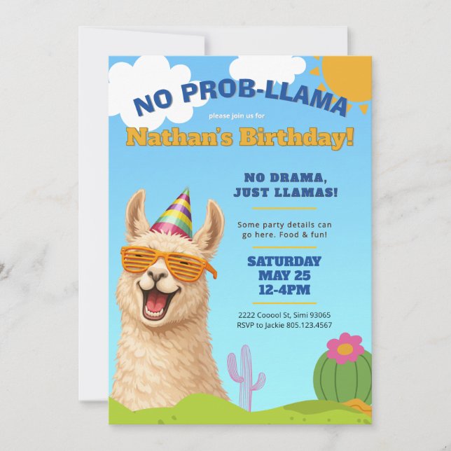 Llama Birthday Party Invite, No Prob-Llama Invitation (Front)
