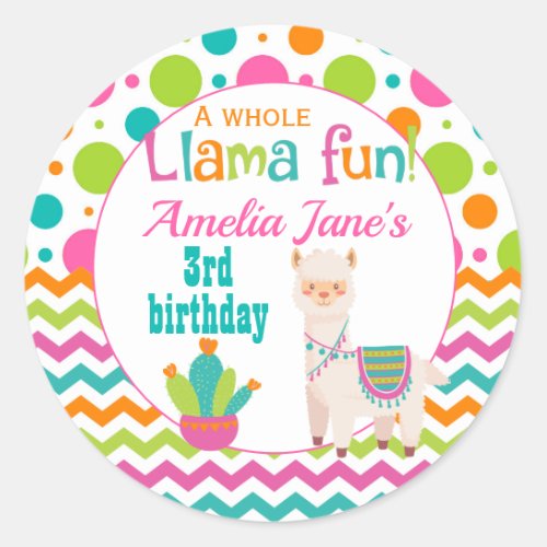 Llama Birthday Party Pink Classic Round Sticker