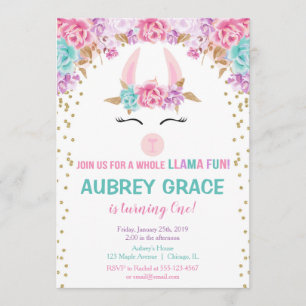 Llama birthday party, pink gold teal floral invitation