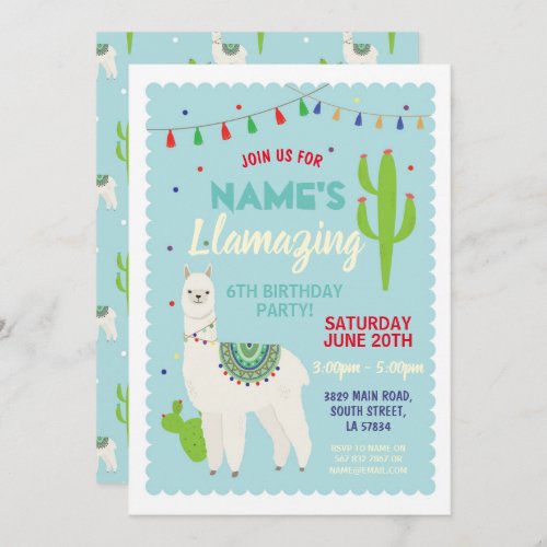 Llama Birthday Party Tassels Cactus Invite