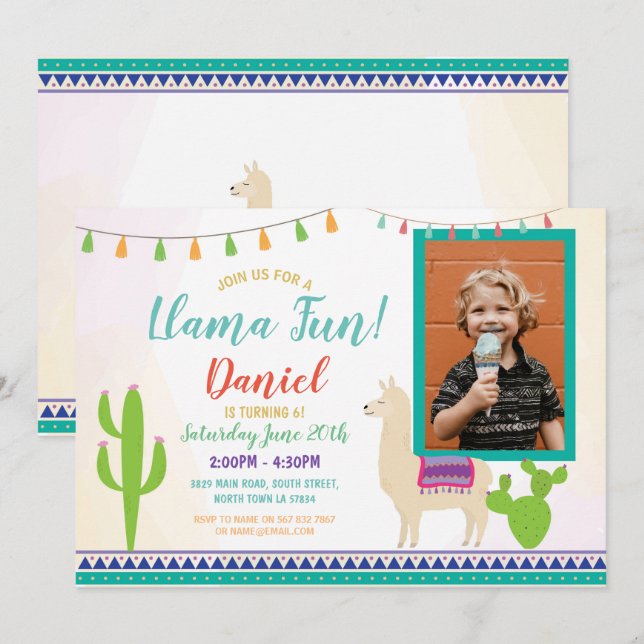 Llama Birthday Photo Cactus Party Fiesta Invite (Front/Back)