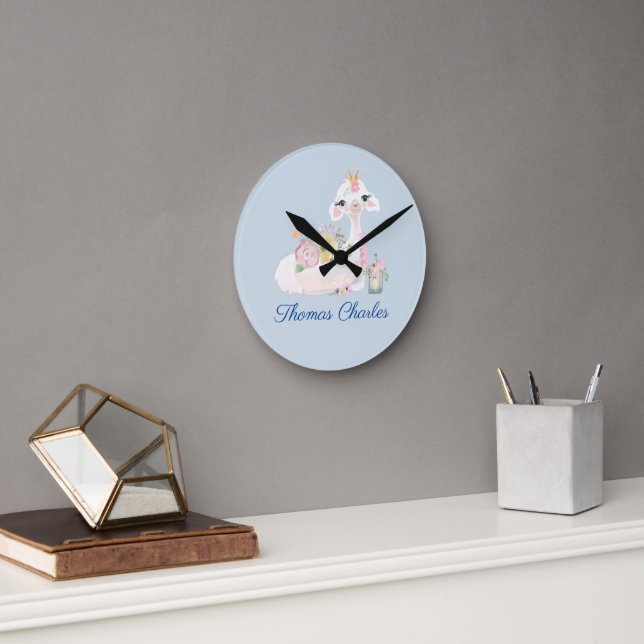 Llama Blue and White with Flowers Baby Name  Round Clock (Office)