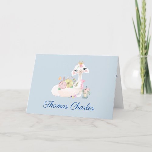 Llama Blue and White with Flowers Baby Thank You Card