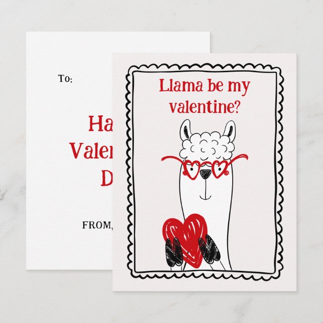 Llama By My Valentine Funny Kids Valentine's Day Note Card (Front/Back)