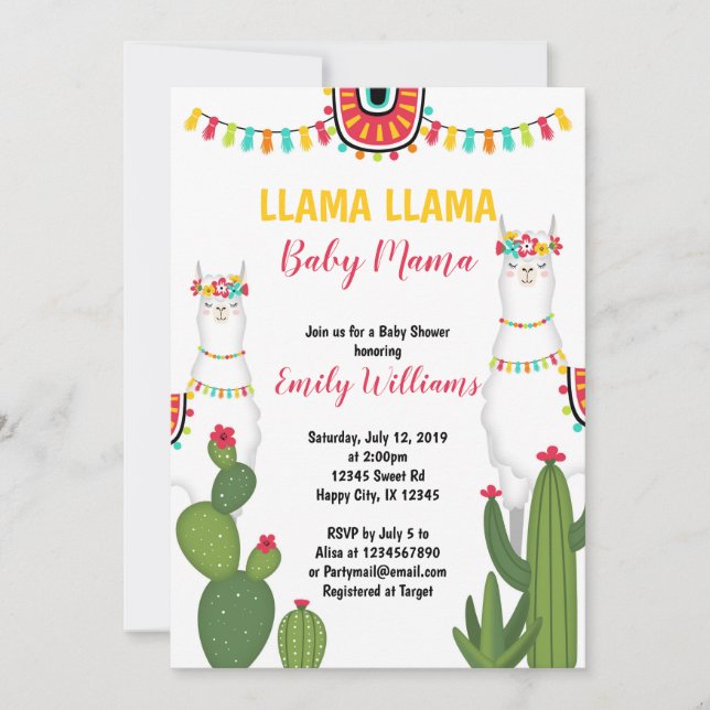 Llama cactus baby shower invitation Girl Fiesta (Front)