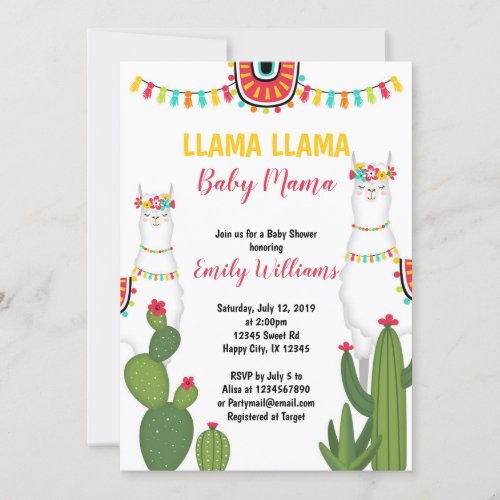 Llama cactus baby shower invitation Girl Fiesta