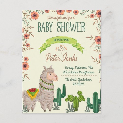 Llama Cactus Baby Shower Invitations