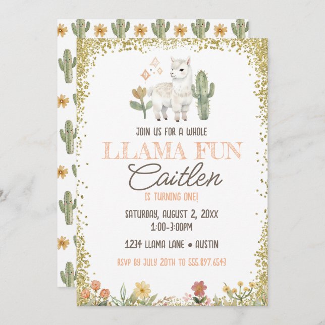 Llama Cactus Birthday Gold Glitter Invitation (Front/Back)