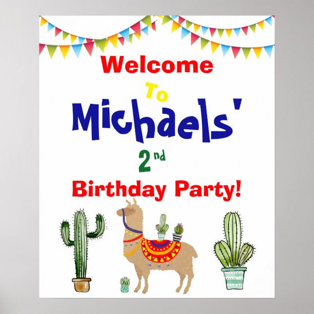 llama Cactus birthday welcome sign Print (Front)