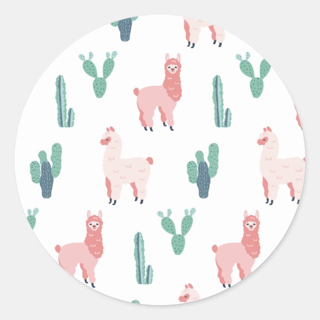Llama Cactus Cute Animals Funny Pattern Classic Round Sticker (Front)