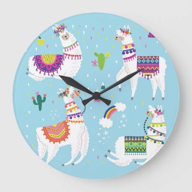 Llama & Cactus: Cute Vintage Set Large Clock (Front)
