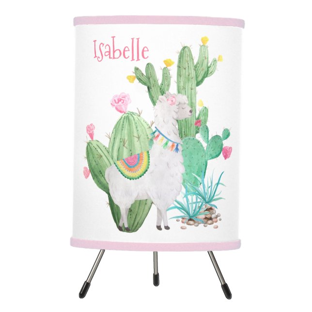Llama & Cactus Cute Watercolor White Personalized Tripod Lamp (Front)