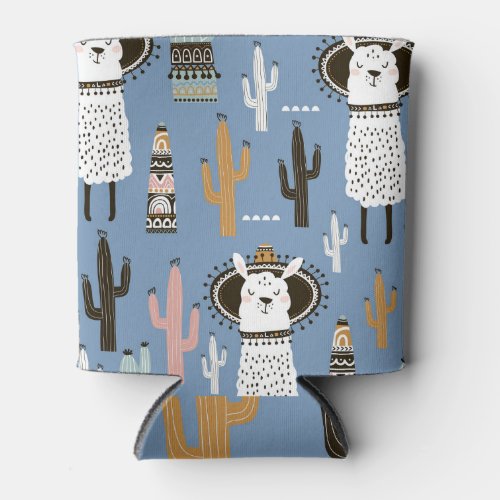 Llama Cactus Hand_Drawn Elements Pattern Can Cooler