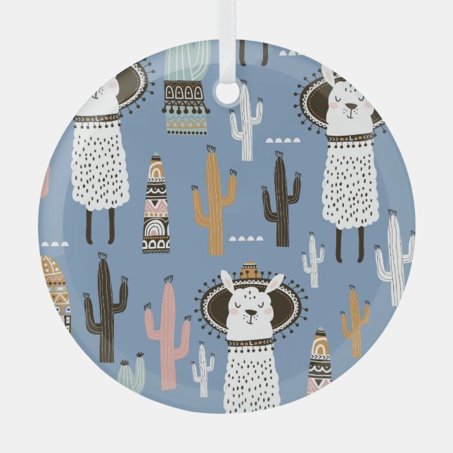 Llama, Cactus, Hand-Drawn Elements Pattern. Glass Ornament (Front)