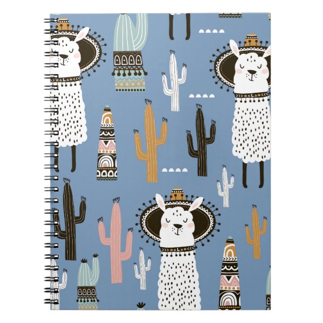 Llama, Cactus, Hand-Drawn Elements Pattern. Notebook (Front)
